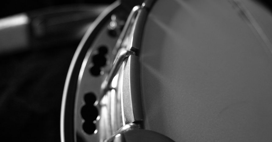 banjo head, black and white photo