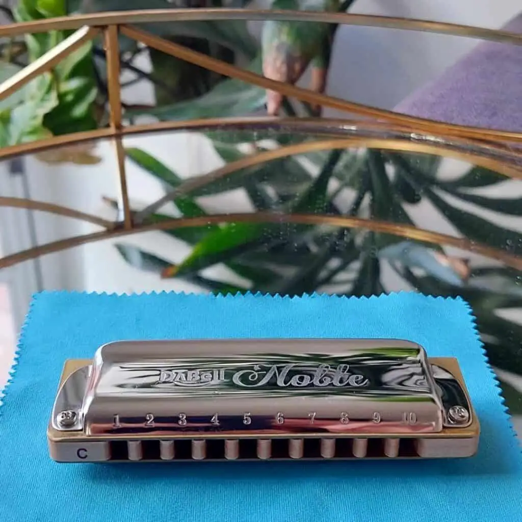 silver harmonica on a blue codpiece